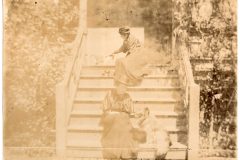 Two Woman sitting on the Flavel House Kitchen steps with a dog and cat Two Woman sitting on the Flavel House Kitchen steps with a dog and cat